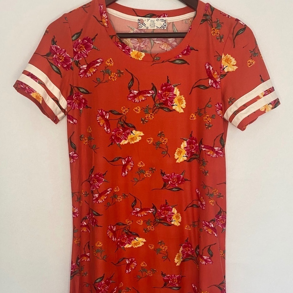 Pink Rose Coral Poppy Crush Floral Short Sleeve T-shirt Mini Dress Medium EUC